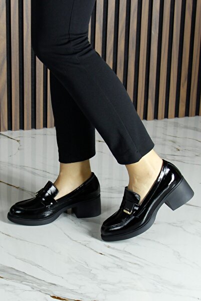 Erkan Saçmacı Black Patent Leather Genuine Cowhide Buckle Thick Heeled Casual Loafer Shoes