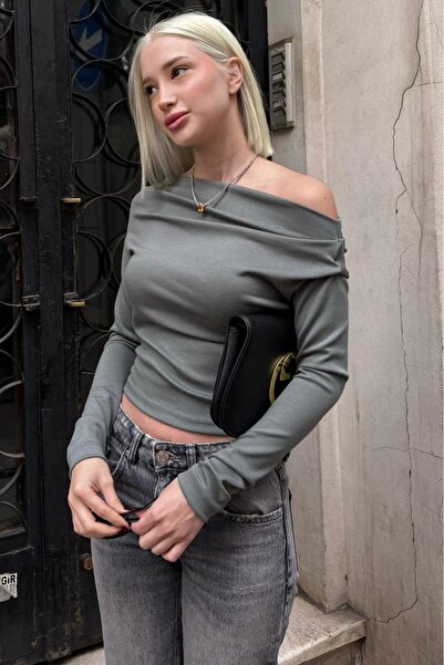 Seeh Haki Kadın Off Shoulder Uzun Kollu Bluz SH327