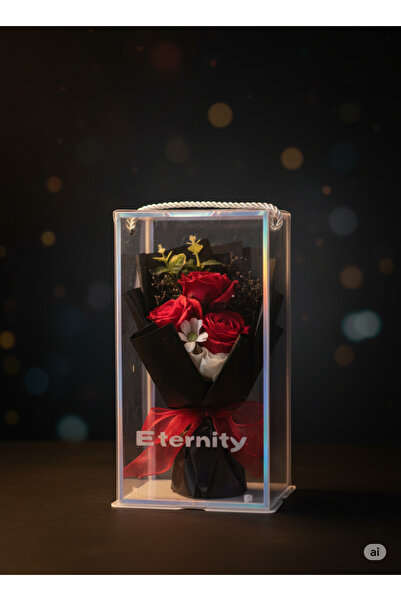 yapay çiçek evi Eternity Black Rose with Eucalyptus, Gift Acetate Box, Special Day Flower