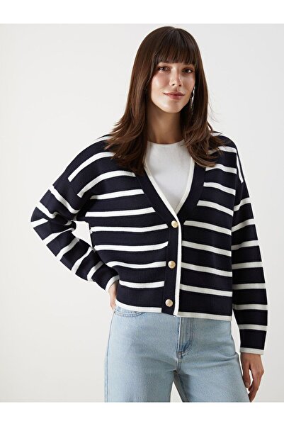 LC Waikiki V-Neck Striped Oversize Women's Knitwear Cardigan