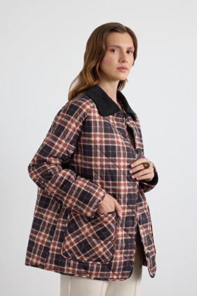 KADRİYE BAŞTÜRK Patterned Velvet Collar Quilted Jacket Coat Brown