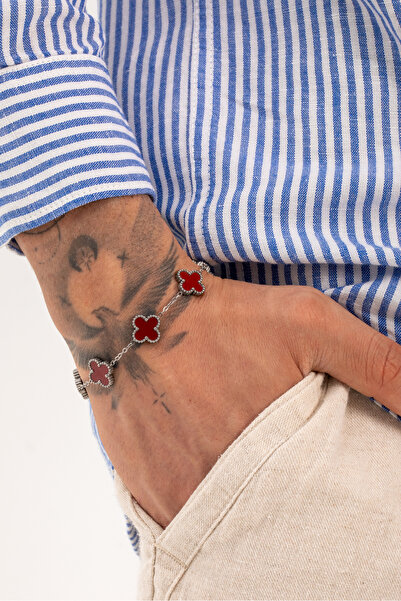 Fjellor Unisex Gümüş Bordo Büyük Boy Figürlü Tasarım Çelik Bileklik