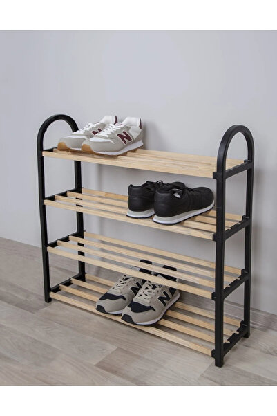 Kitchen Smile Siyah Ahşap Çubuklu 4 Katlı Masif Ayakkabılık