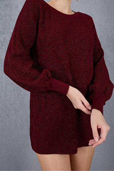Clothes Fast Women's Burgundy Raglan Balloon Sleeve Crew Neck Glitter Knit Sweater