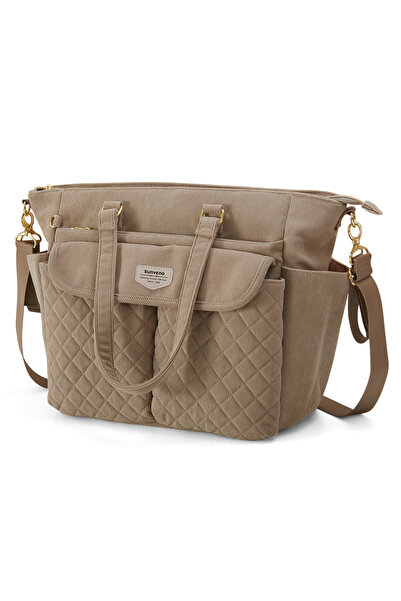 Sunveno حقيبة حفاضات مخملية مع حصيرة تغيير وأشرطة عربة الأطفال - بيج كاكي