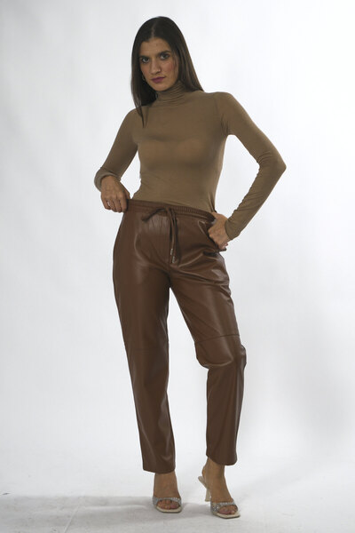 ABBRA Women's Elastic Waist Lace-Up Faux Leather Pants