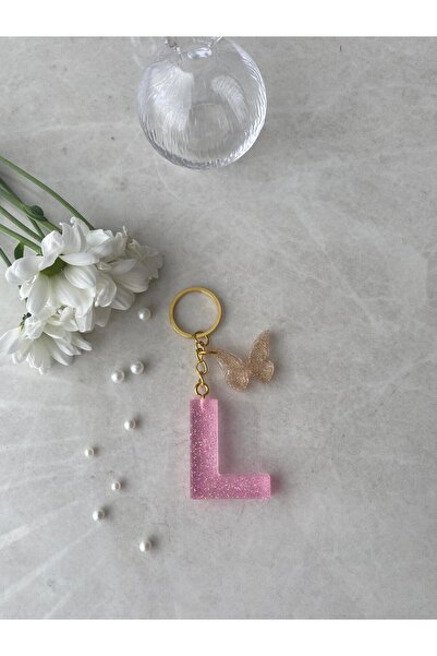 Bellinzona L Буква Розов блестящ ключодържател и талисман [с опция за помпон]