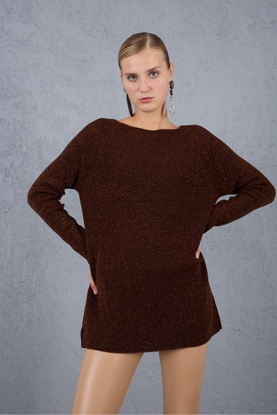 Moda Days Women's Bitter Brown Raglan Sleeve Boat Neck Glitter Knit Sweater