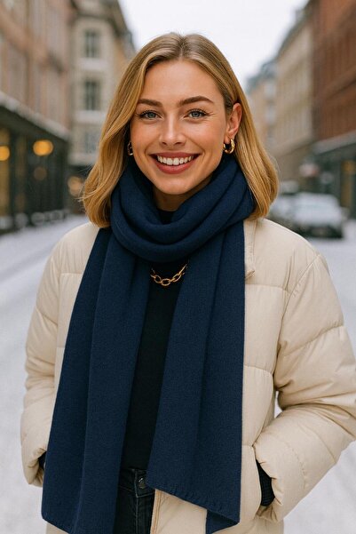 MARBERRY Navy Blue Brown Knit Shawl with Stitched Edges 43X220 cm
