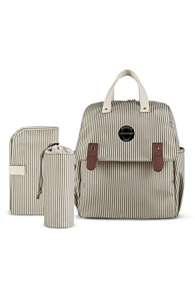 Little Story مجموعة من 3 حقائب ظهر للحفاضات مع حصيرة تغيير وحقيبة زجاجات - بيج
