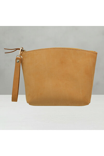 Luqa Leather Özel Tasarım El İşçiliği Deri Clutch | Taba Rengi | Fermuarlı Bilek Çantası