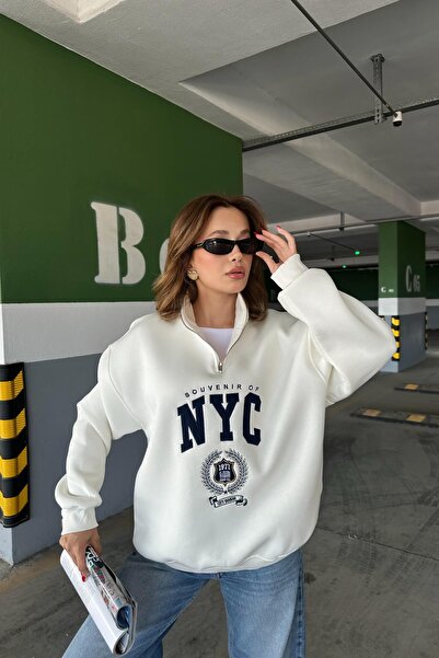 mylove سترة نيو يورك مطرزة بسحاب باللون الأبيض