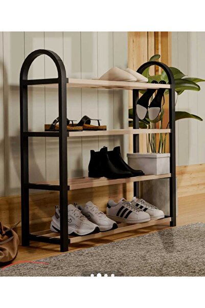 Silkyreal Ahşap Çubuklu 4 Bölmeli Ayakkabılık -Raf Ünitesi