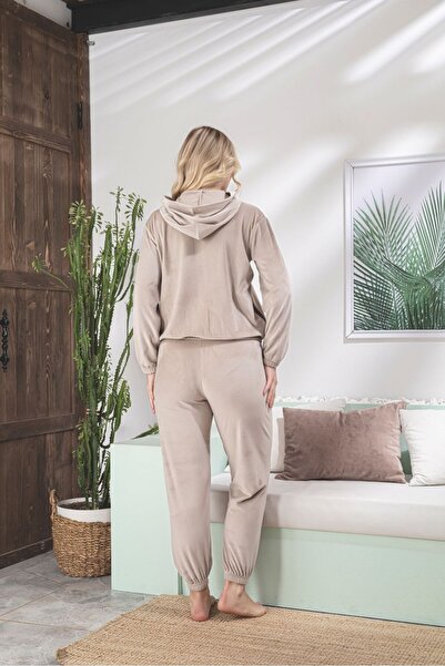 Asel Women's Hooded Beige Color Velvet Long Sleeve Elastic Set