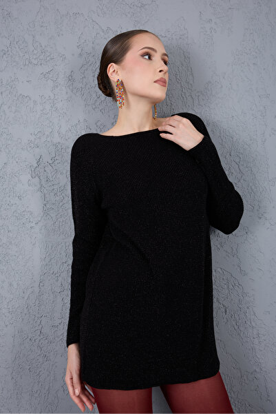 Moda Days Pulover de damă negru cu mâneci raglan, cu gât barcă, tricotat cu sclipici