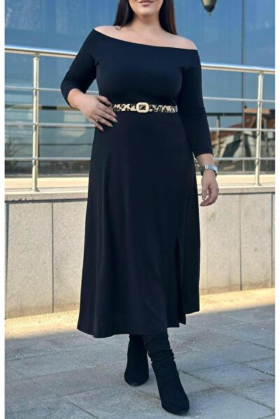 FOR ESRA BIG TREND Γυναικείο φόρεμα μεγάλου μεγέθους Madonna με γιακά με σχισμή μπροστά, μακρυμάνικο, ελαστικό μακρύ φόρεμα