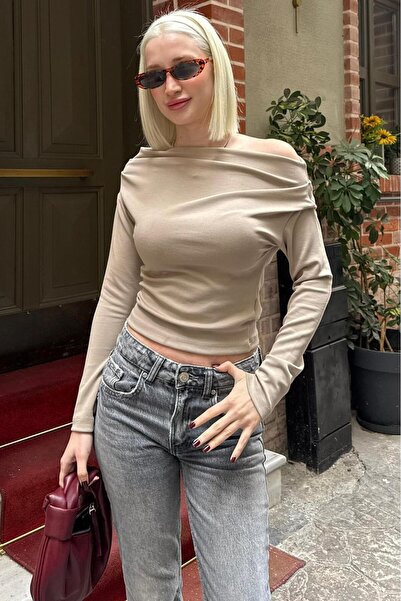 Seeh Bej Kadın Off Shoulder Uzun Kollu Bluz SH327