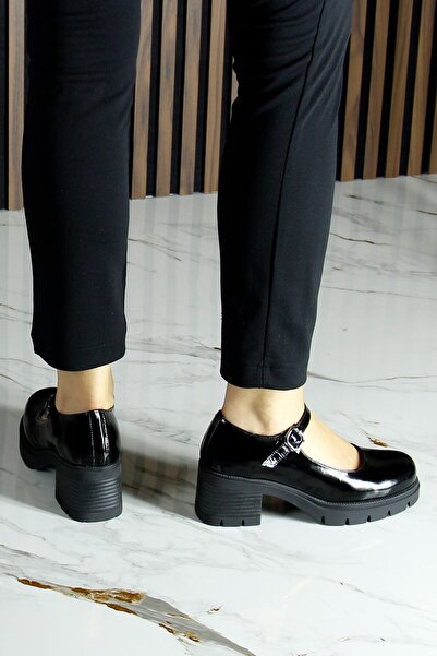 Erkan Saçmacı Black Patent Leather Genuine Leather Mary Jane Thick Heeled Casual Shoes