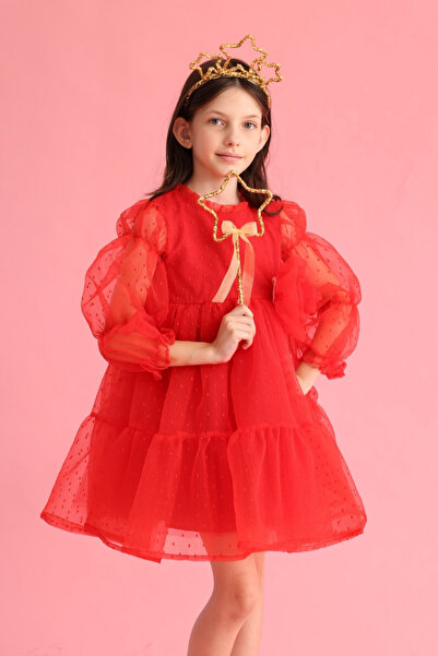 Le Mabelle Kırmızı Puantiyeli Gül Aksesuarlı Kız Çocuk Elbise - Belinda