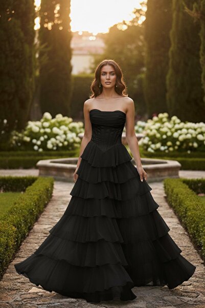 SpringStore Siyah Eteği Şifon Katlı Abiye Elbise