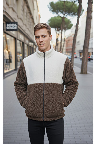 İnsane Minds Men's Color Block Plush Jacket Thick Regular Cut Zipper Closure