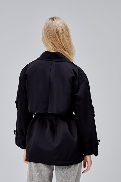 Bolivente Oversize Siyah Rüzgarlık Detaylı Beli Kuşaklı Trençkot