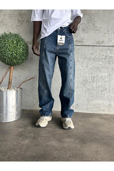 KağanKY Blugi largi Relax, albastru închis, cu cusături