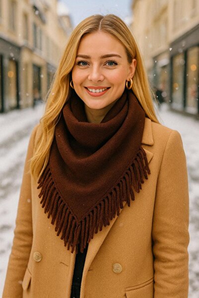 MARBERRY Coffee Color Tassel Triangle Knitwear Women's Scarf Shawl 47X135 cm
