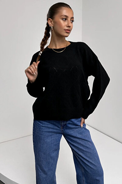 MODA Crew Neck Diamond Patterned Knit Sweater Black