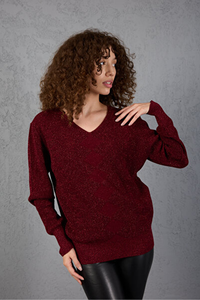 Moda Days Women's Burgundy Glitter Thessaloniki Knitted Diamond Pattern Wide Cuff V-Neck Knitwear Sweater