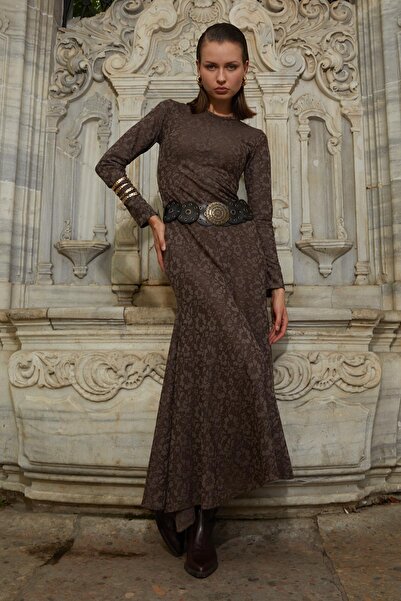 TENA Kadın Kahve Bisiklet Yaka Desenli Volanlı Elbise(111)