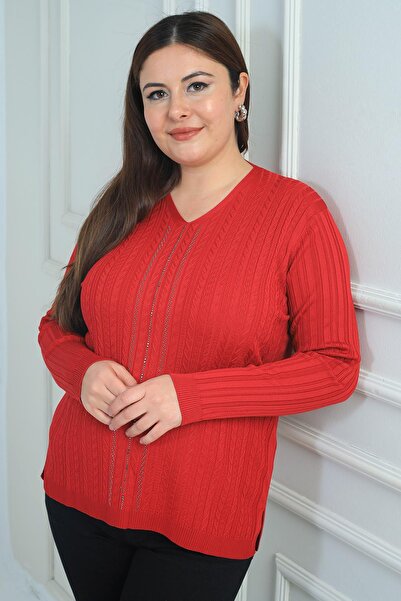 By Saygı Women's V-Neck Front Stripe Stone Printed Ribbed Plus Size Cold Yarn Knitwear Blouse