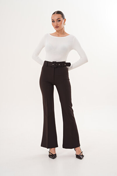 Cebby Kahverengi Çelik Kumaş Kemer Detay Pantolon