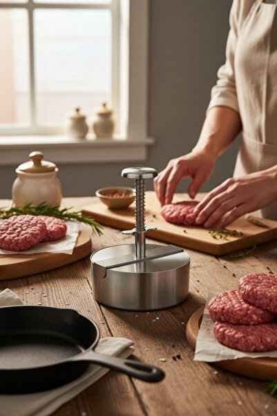 Russet Yaylı Hamburger Presi Köfte Basma Kalıbı 12 Cm İnce Paslanmaz Çelik 10...