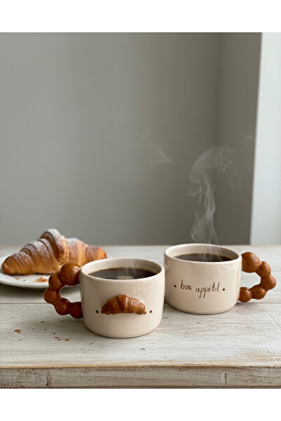 woness studio Handmade Wide Ceramic Mug with Croissants