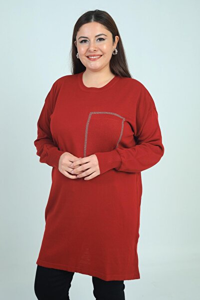 By Saygı Women's Front Single Pocket Stone Print Detailed Plus Size Knitweartunic Blouse