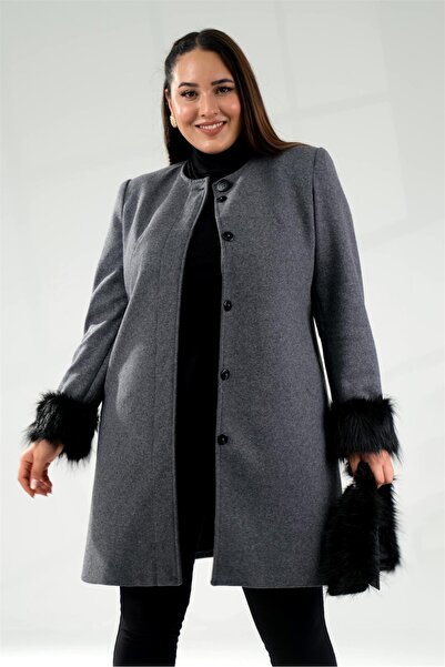 Roxxlen Plus Size Fur Sleeve Coat