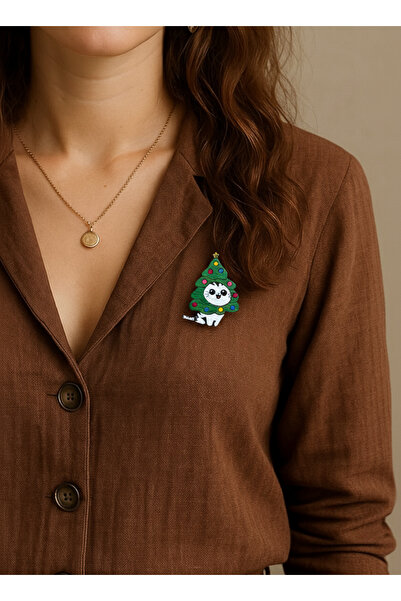 gokmentoy Sevimli Kedi Çam Ağacı Yılbaşı Noel Temalı Ahşap El Boyaması Broş