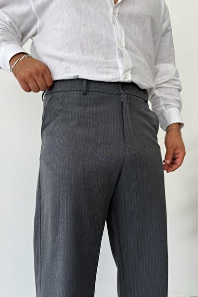 NUSHİ Antrasit Çizgili Baggy Kumaş Pantolon
