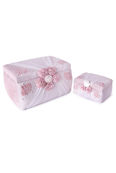 ihvan online Kadife Süngerli Güllü Dantelli Söz Nişan Düğün Çeyizlik Gelin Bohça Sandık Seti (Büyük+Küçük) - Pudr