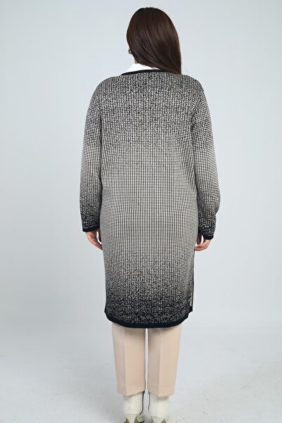 By Saygı Women's Karyağdı Checkered Pocketed Plus Size Knitwear Long Cardigan