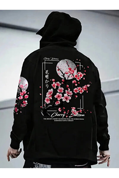 AEMİ Hanorac oversize unisex cu glugă, 100% bumbac, cu imprimeu cu flori japo...