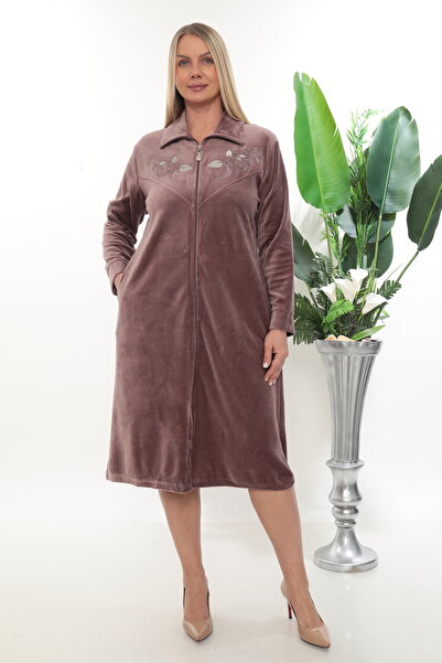 STELLETO Comfortable Fit Embroidered Collar Zippered Velvet Plus Size Dress