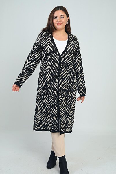 By Saygı Women's Zebra Patterned Large Size Knitwear Long Cardigan with Pockets