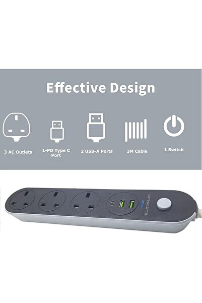 SSC DEEP POWER Extension Cord 5m with 3 Power Outlets and 3 Charging Ports