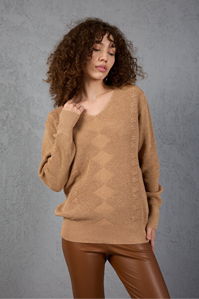 Moda Days Women's Beige Glitter Thessaloniki Knitwear Diamond Pattern Wide Cuff V-Neck Knitwear Sweater