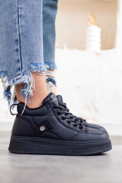 Adım Adım Women's Soft Casual Black Shoes with Fur Inside