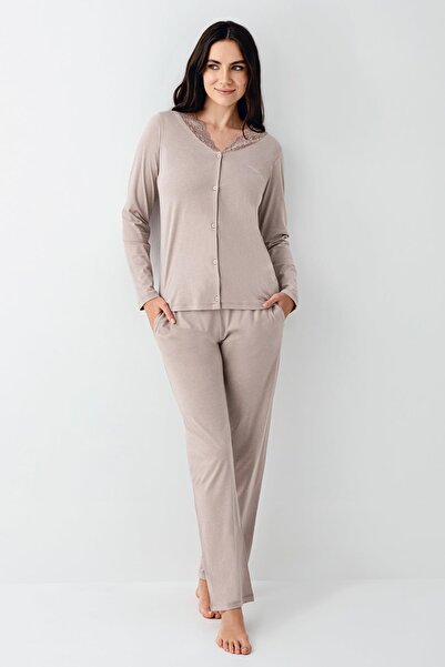 Pierre Cardin Women's lace detailed buttoned pajama set, 50% modal 50% cotton