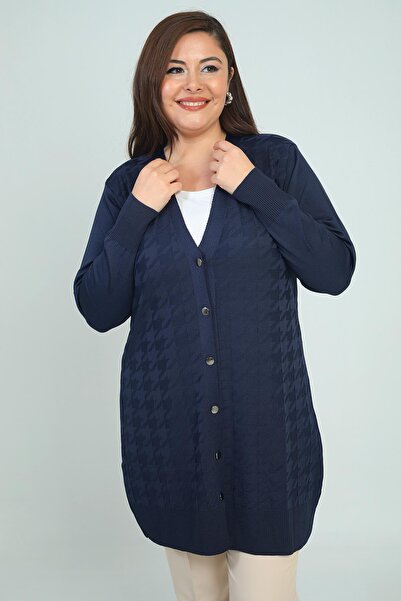 By Saygı Women's Large Houndstooth Pattern Cold Yarn Plus Size Long Cardigan