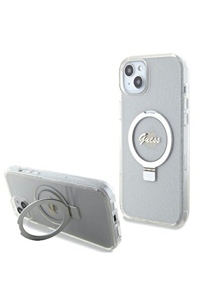 Guess hard transparent case for iPhone 15 Plus with ring stand, script glitter, MagSafe